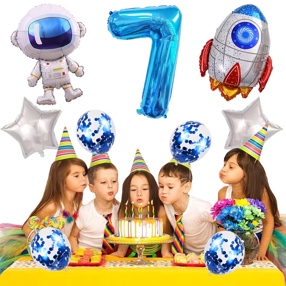 Kawailay Astronaut Rocket 7th Birthday Party Balloons Jumbo Spaceman Birthday Balloons Outer Space Theme Foil Balloons 32 Inch Blue Number 7 Helium Balloon for Birthday Party