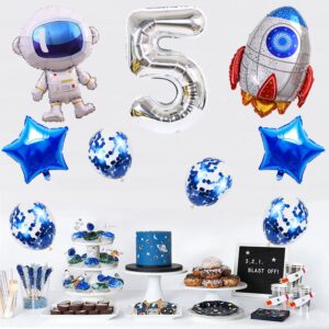 Kawailay Astronaut Rocket 5th Birthday Party Balloons Jumbo Spaceman Birthday Balloons Outer Space Theme Foil Balloons 32 Inch Silver Number 5 Helium Balloon for Birthday Party