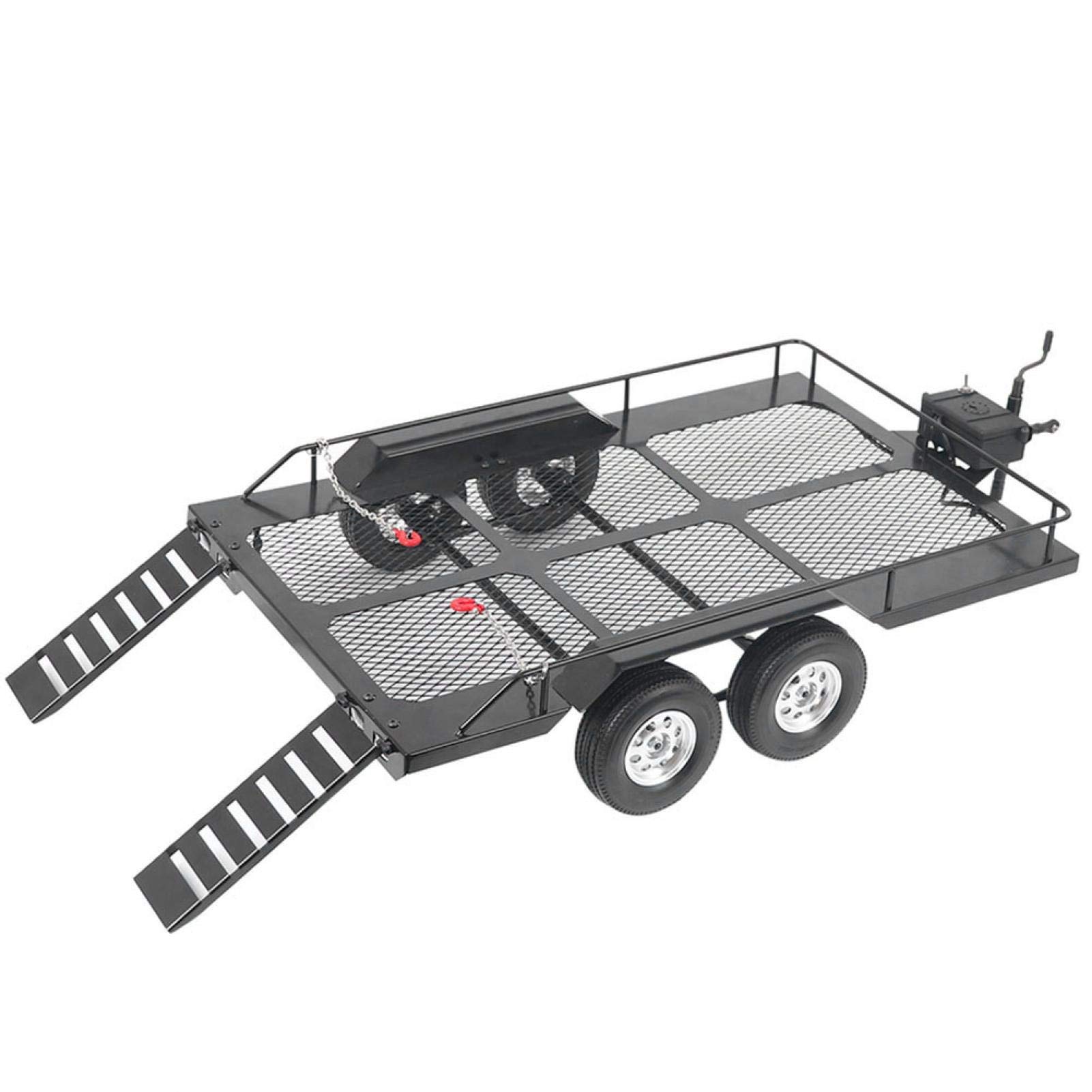 Hitoxi RC Car Trailer, Metal Trailer Cargo Carrier with Four Tires for 4WD TRX4 1/10 Car, Heavy Duty Truck Crawler Buggy Truggy Trail Toy Accessory, Black