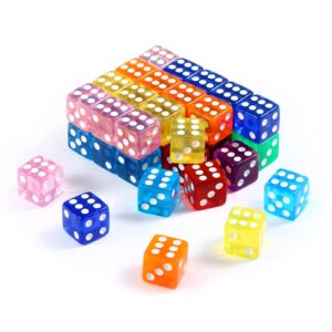 yinsun 40 pieces 16mm dice set 6-side standard game dice set for board game, teaching math - square corners, 8 translucent colors