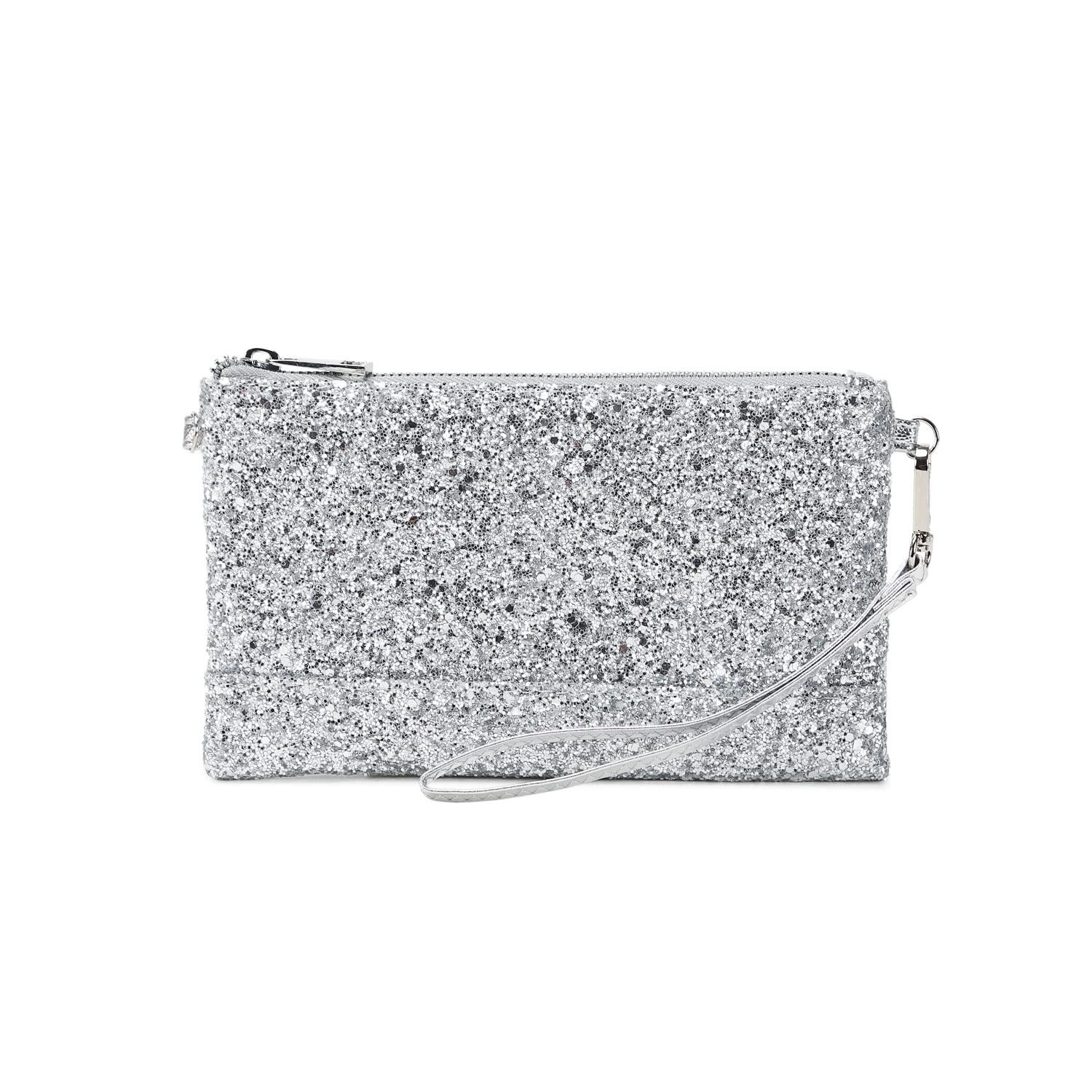 LAM GALLERY Sparkling Glitter Evening Clutch Silver Bride Purse for Wedding Bling Clutch Handbag for Party - Silver Shoulder Style