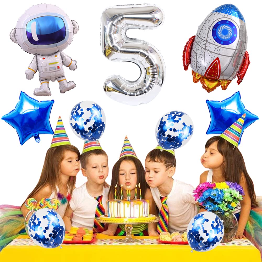 Kawailay Astronaut Rocket 5th Birthday Party Balloons Jumbo Spaceman Birthday Balloons Outer Space Theme Foil Balloons 32 Inch Silver Number 5 Helium Balloon for Birthday Party