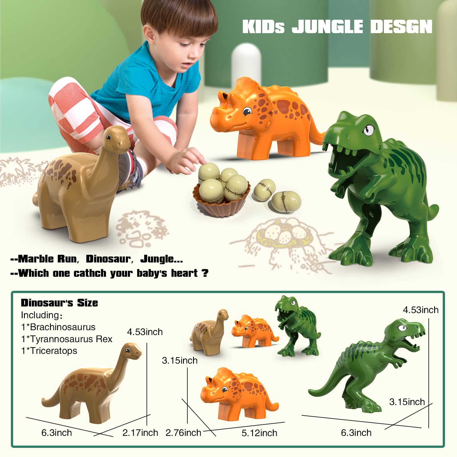 JIXIn Dinosaur Marble Runs for Kids 4-8/Building Blocks Compatible with DUPLO Lego Sets/Toddler Marble Run for Kids Ages 3-5/125 PCS Classic Big Blocks Montessori Learning STEM Toys for Kids Age 3+