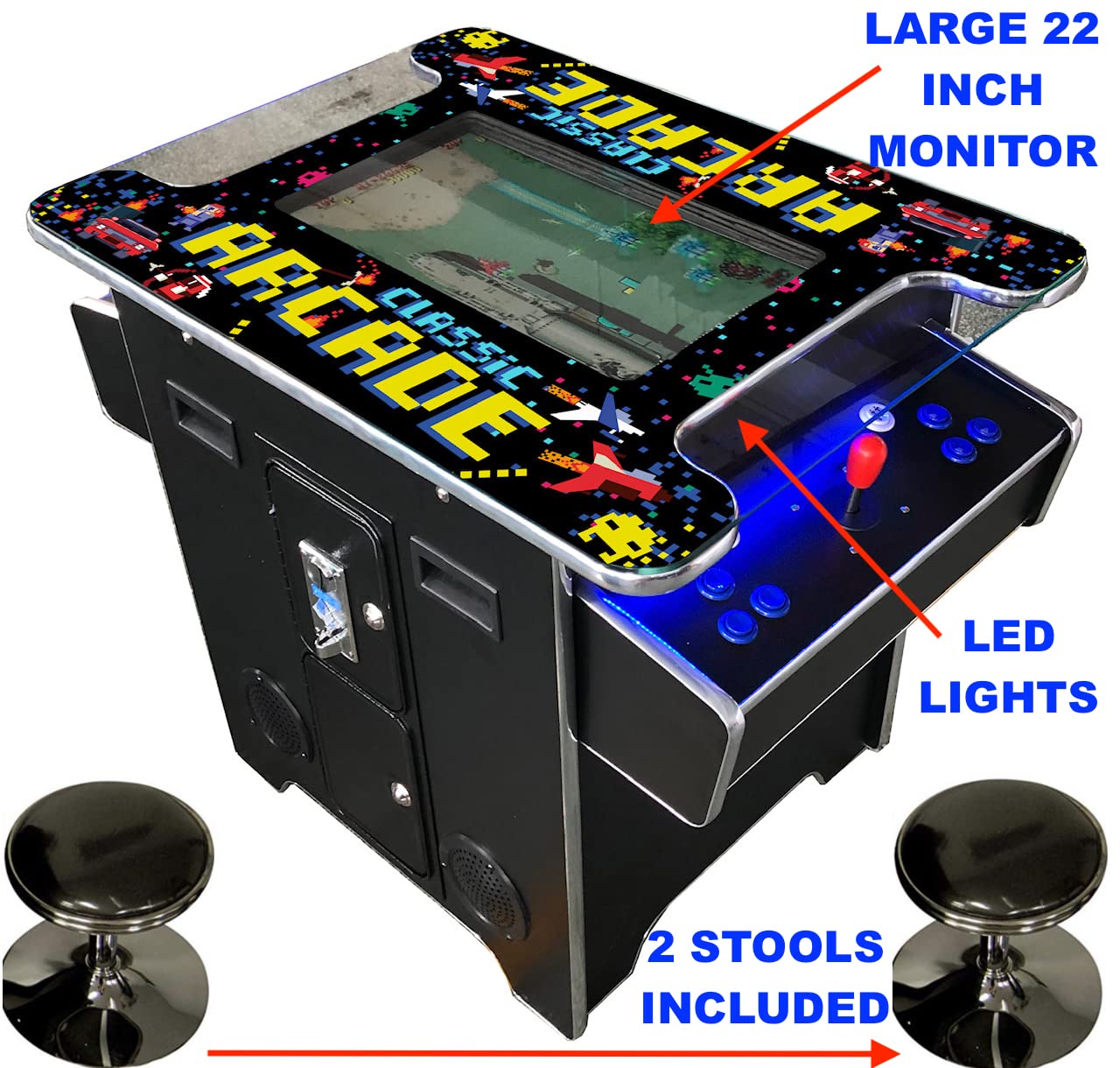 Top Us Video Arcades Full Size Commercial Grade Cocktail Arcade Machine 2 Player Retro 60 Games 22" LCD Screen Tempered Glass 2 Stools Included 5 Year Warranty Black