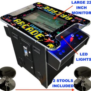 TOP US VIDEO ARCADES Full Size Commercial Grade Cocktail Arcade Machine 2 Player Retro 412 Games 22" LCD Screen Tempered Glass 2 Stools Included 5 Year Warranty Black