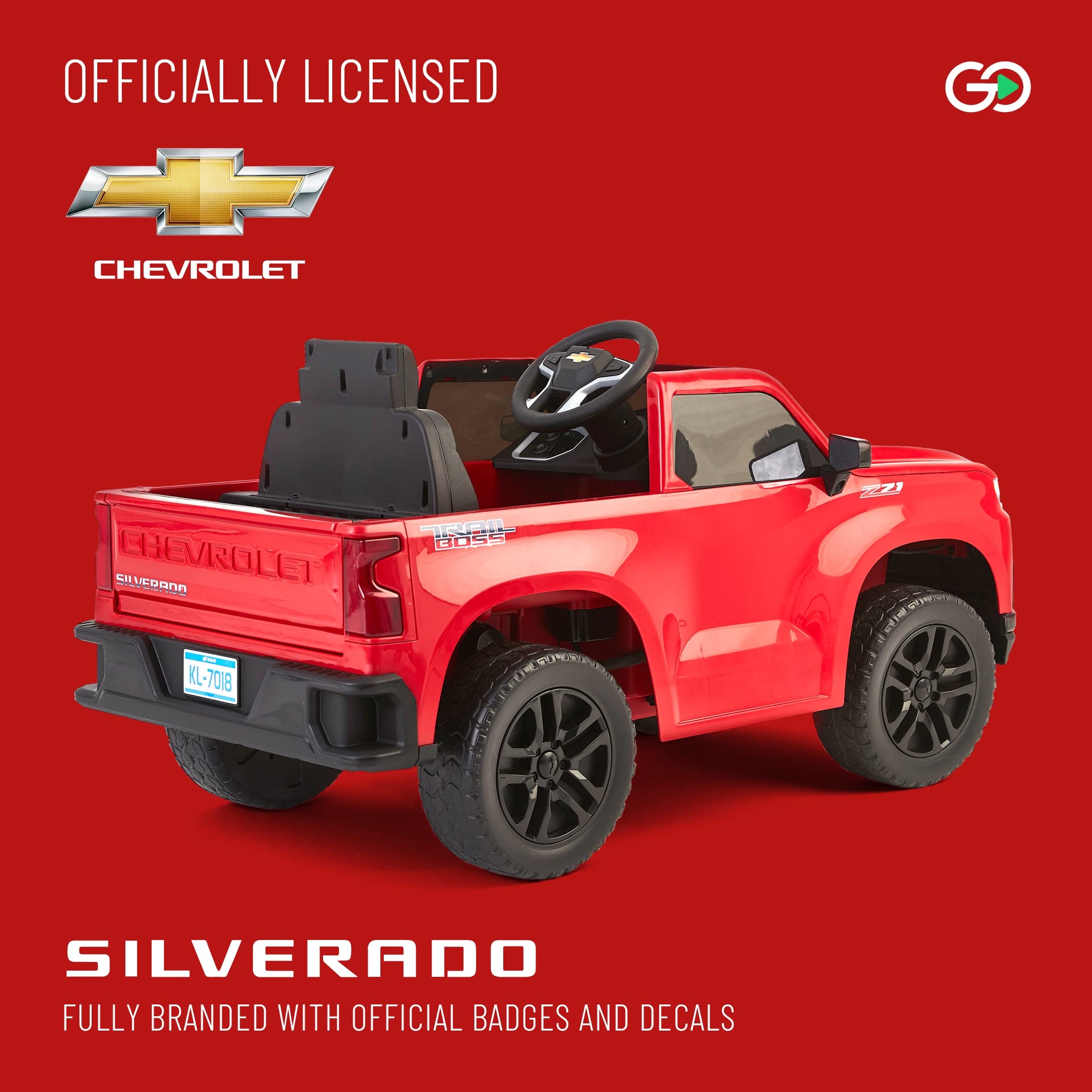 12V Chevy Silverado Ride On Truck with HIGH Speed Mode (5 MPH) & Parent Remote Control, Kid's Battery Powered Licensed Electric Vehicle, LED Lights, Real Tailgate, & Truck Sounds, by ReadyGO - Red