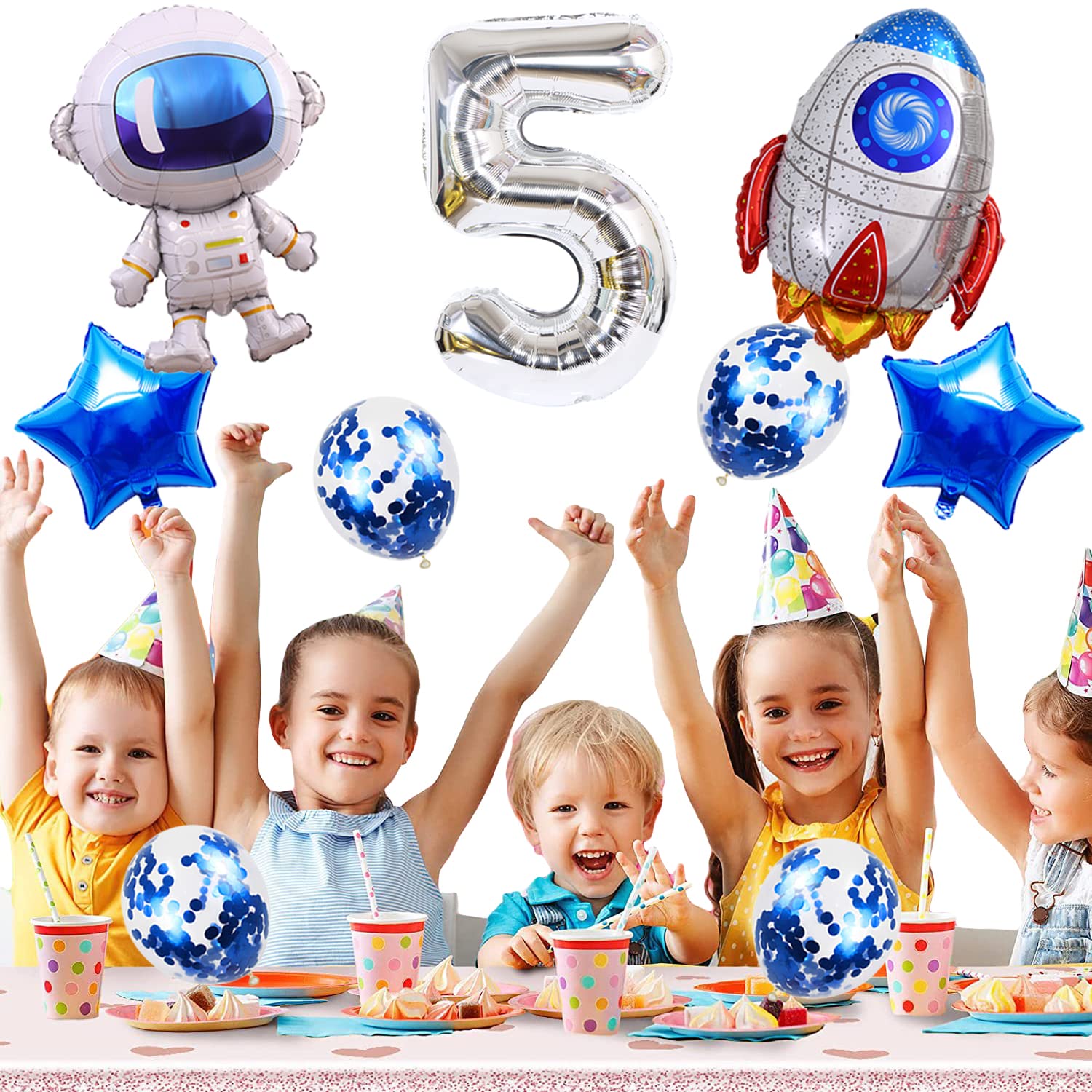 Kawailay Astronaut Rocket 5th Birthday Party Balloons Jumbo Spaceman Birthday Balloons Outer Space Theme Foil Balloons 32 Inch Silver Number 5 Helium Balloon for Birthday Party