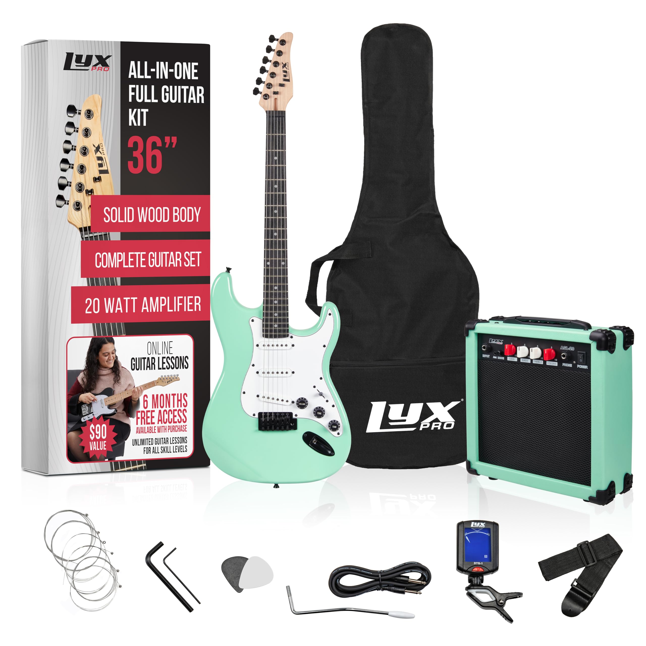 LyxPro 36 Inch Electric Guitar and Kit for Kids with 3/4 Size Beginner’s Guitar, Amp, Six Strings, Two Picks, Shoulder Strap, Digital Clip On Tuner, Guitar Cable and Soft Case Gig Bag -Green