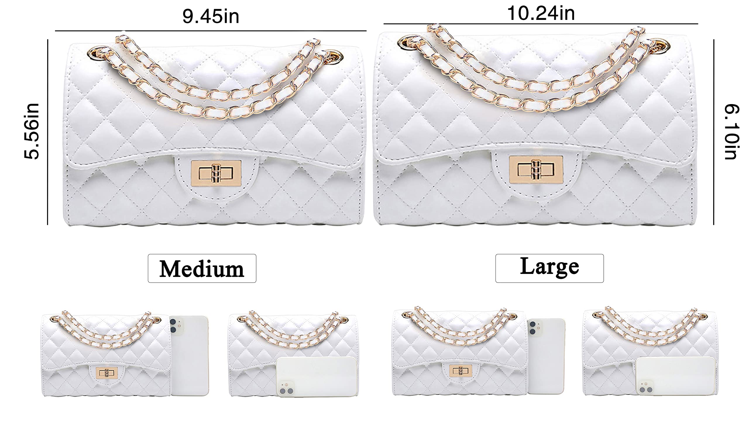 Eveupp White Purses for Women White Crossbody Bags for Women Quilted Purse with Chain Strap L