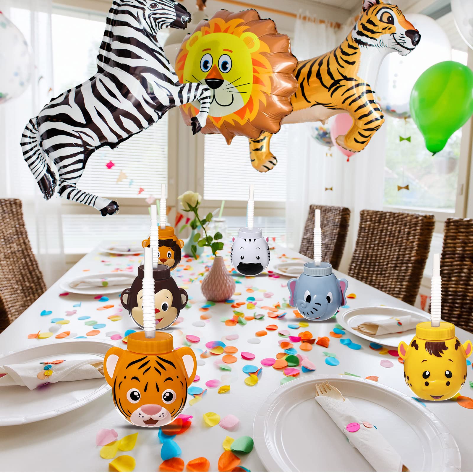 12 Set Zoo Animal Cups with Straws and Lids, 10 oz Plastic Reusable Safari Jungle Animal Theme Party Kids Cups for Elephant, Monkey, Lion, Tiger, Zebra, Giraffe, Safari Birthday Party Supplies