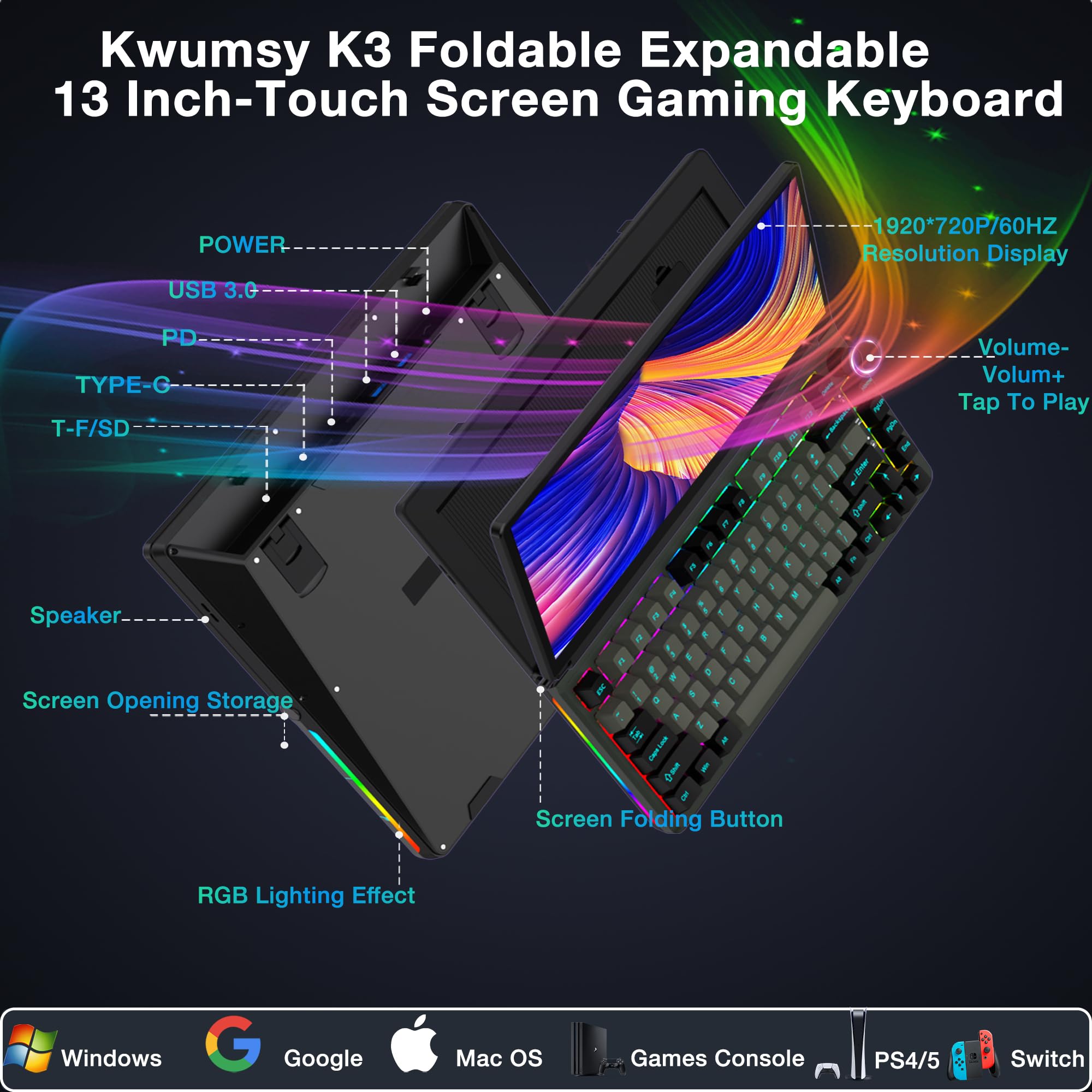 Kwumsy K3 Touchscreen Gaming Mechanical Keyboard - 82 Keys Portable USB Wired RGB LED Backlit N-Key Compact Keyboard, Keyboard With 13" Foldable 0-90 Degree Portable Screen, Plug and Play for Wins Mac