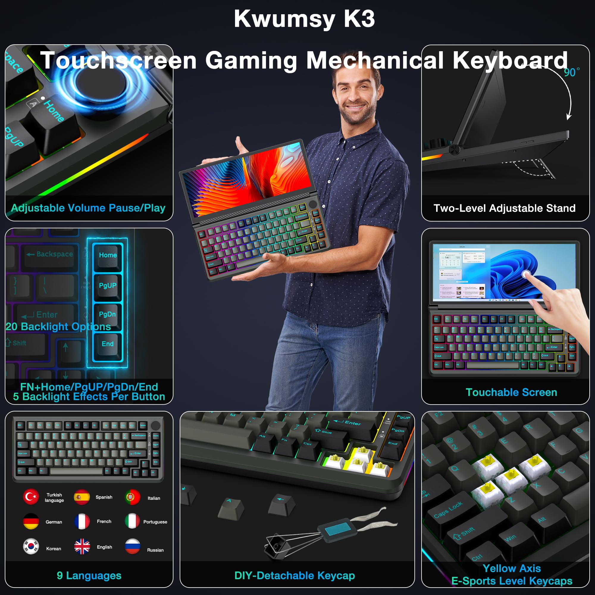 Kwumsy K3 Touchscreen Gaming Mechanical Keyboard - 82 Keys Portable USB Wired RGB LED Backlit N-Key Compact Keyboard, Keyboard With 13" Foldable 0-90 Degree Portable Screen, Plug and Play for Wins Mac