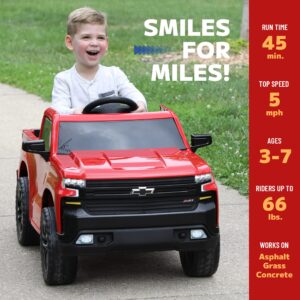 12V Chevy Silverado Ride On Truck with HIGH Speed Mode (5 MPH) & Parent Remote Control, Kid's Battery Powered Licensed Electric Vehicle, LED Lights, Real Tailgate, & Truck Sounds, by ReadyGO - Red