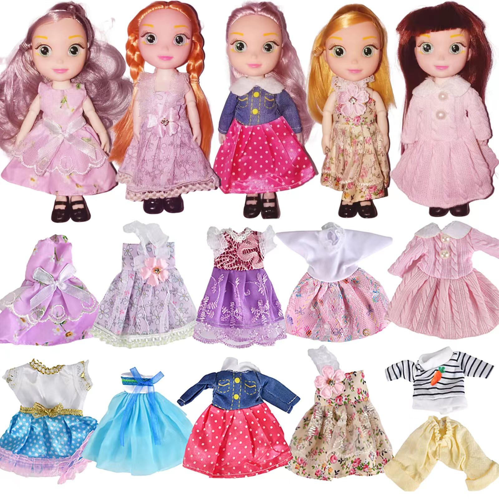 JING SHOW BUSSINESS 10 Sets Doll Clothes for 6 inch Doll ，Include 5 Pieces Girl Mini Dolls, 10 Sets Handmade Doll Clothes and 5 Pairs of Doll Shoes