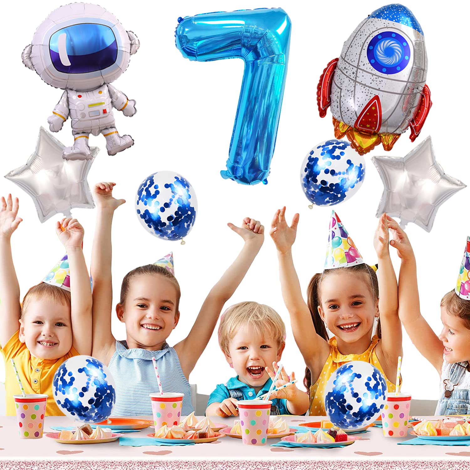 Kawailay Astronaut Rocket 7th Birthday Party Balloons Jumbo Spaceman Birthday Balloons Outer Space Theme Foil Balloons 32 Inch Blue Number 7 Helium Balloon for Birthday Party