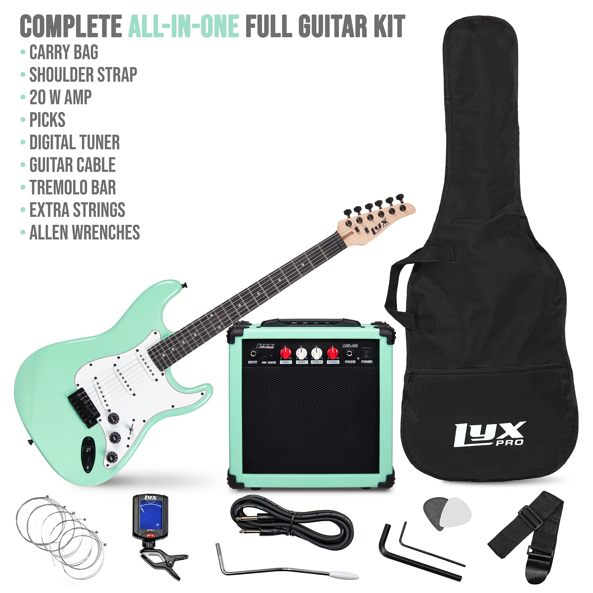 LyxPro 36 Inch Electric Guitar and Kit for Kids with 3/4 Size Beginner’s Guitar, Amp, Six Strings, Two Picks, Shoulder Strap, Digital Clip On Tuner, Guitar Cable and Soft Case Gig Bag -Green