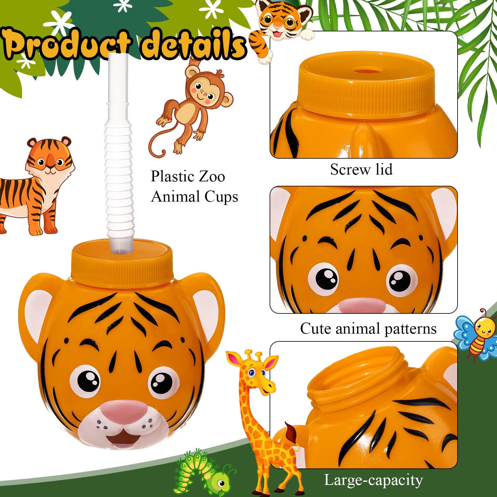 12 Set Zoo Animal Cups with Straws and Lids, 10 oz Plastic Reusable Safari Jungle Animal Theme Party Kids Cups for Elephant, Monkey, Lion, Tiger, Zebra, Giraffe, Safari Birthday Party Supplies