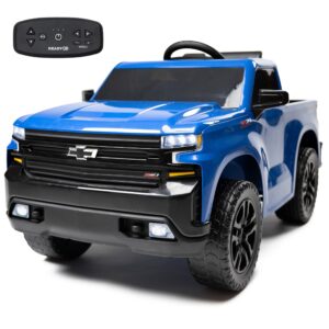 readygo 12v battery powered licensed chevrolet silverado kids ride on truck electric vehicle with parent remote control, high speed mode (5 mph), led lights, retractable tailgate, & truck sounds