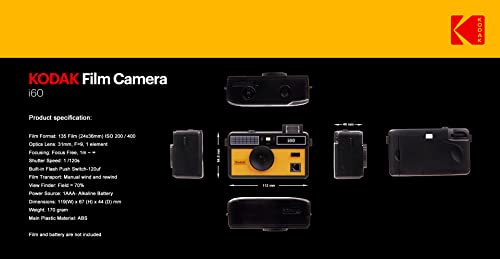 Kodak i60 Reusable 35mm Film Camera - Retro Style, Focus Free, Built in Flash, Press and Pop-up Flash (Yellow)