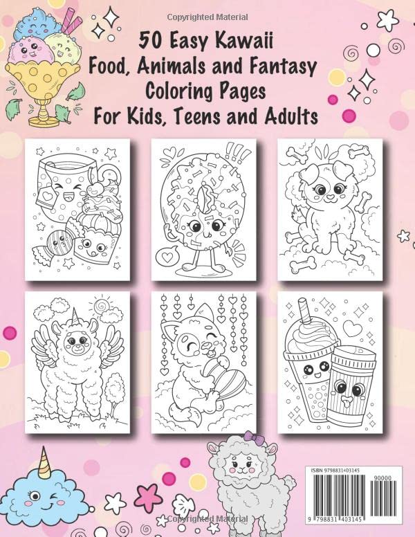 Fun & Cute Kawaii Coloring Book: Food, Animals and Fantasy Coloring Pages For Kids, Teens and Adults