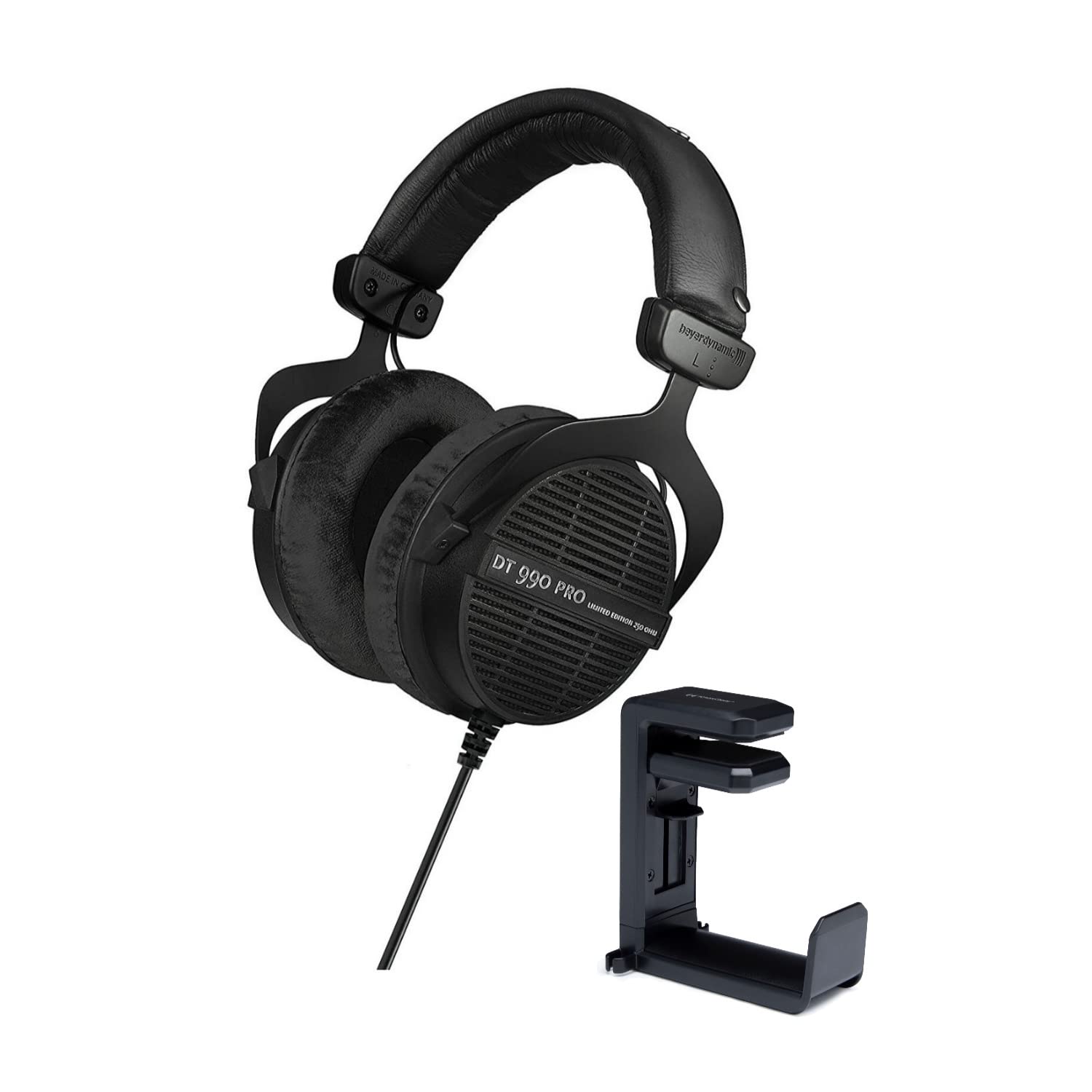 beyerdynamic DT 990 PRO Studio Headphones (Ninja Black, Limited Edition) Bundle with Headphone Hanger Mount with Built-in Cable Organizer (2 Items)