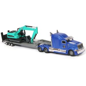 Diecast Toy Model Flatbed Truck w/ Excavator Tractor Metal Construction Vehicle Models Toys for Kids