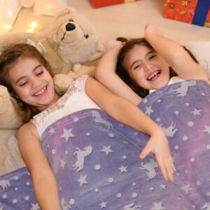 Cozwiv Glow in The Dark Blanket for 1-10 Year Old Girl Birthday Gifts Ideas Cool Purple Unicorns Gifts for Age 1 2 3 4 5 6 7 8 9 10 Year Old Girls Surprise Toys for Girls Kids Toddler Blanket 50”X60”