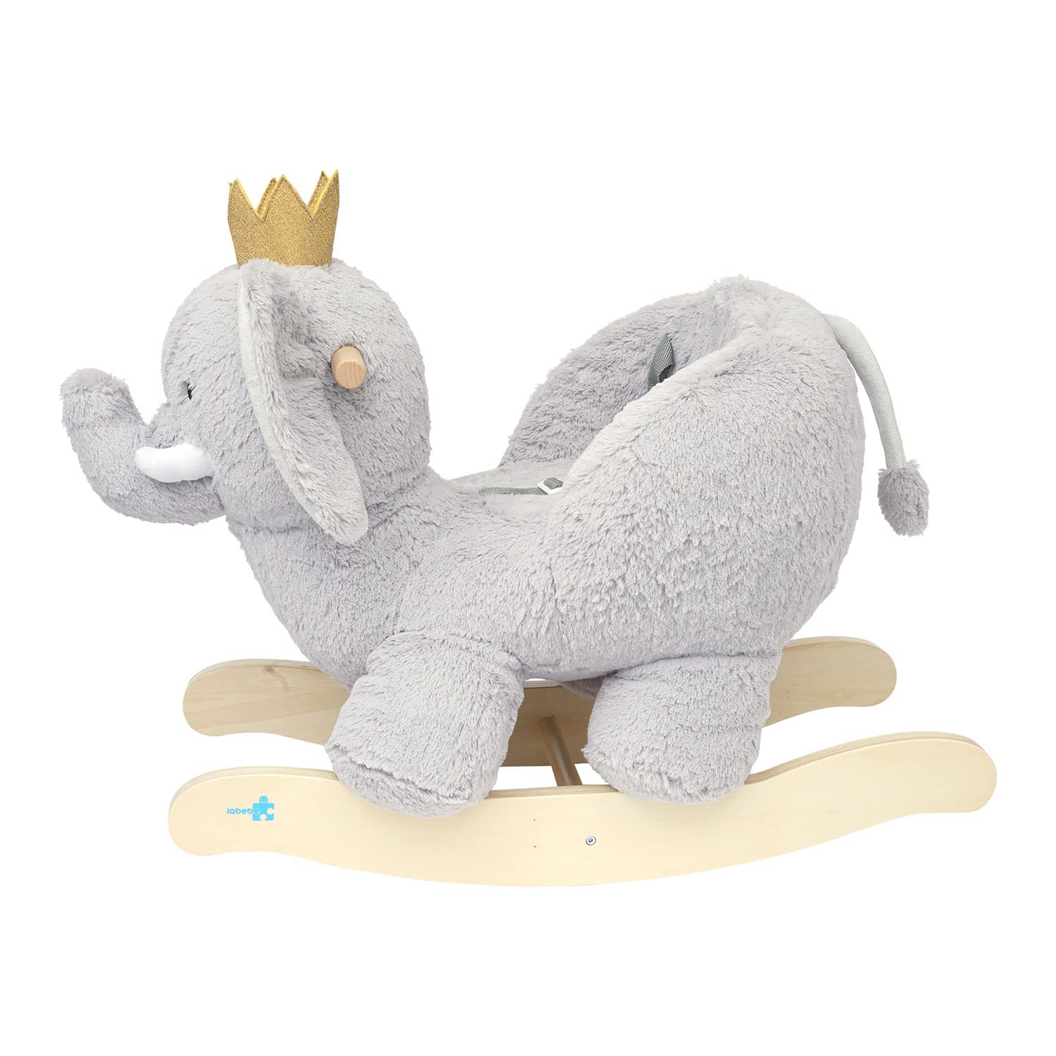 Manhattan Toy Plush Elephant Wooden Rocking Toy with Crown, Adjustable Seat Belt and Wooden Hand Grips Large