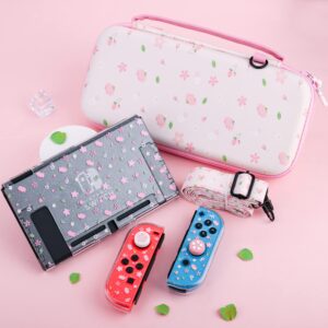 FANPL Cute Carrying Case Bundle for Nintendo Switch Case, Pink Switch Case Accessories Kit with Flower Hard Travel Case, Glitter Sakura PC Cover, Adjustable Strap, Screen Protector, Thumb Grip Caps