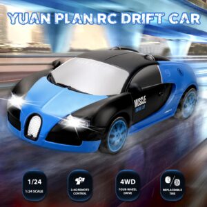 YUAN PLAN RC Drift Car, 1:24 Remote Control Blue High Speed Race Drifting Cars, 2.4GHz 4WD Electric Sport Racing Hobby Toy Car with Headlight and Double Batteries for Boys and Girls Adults