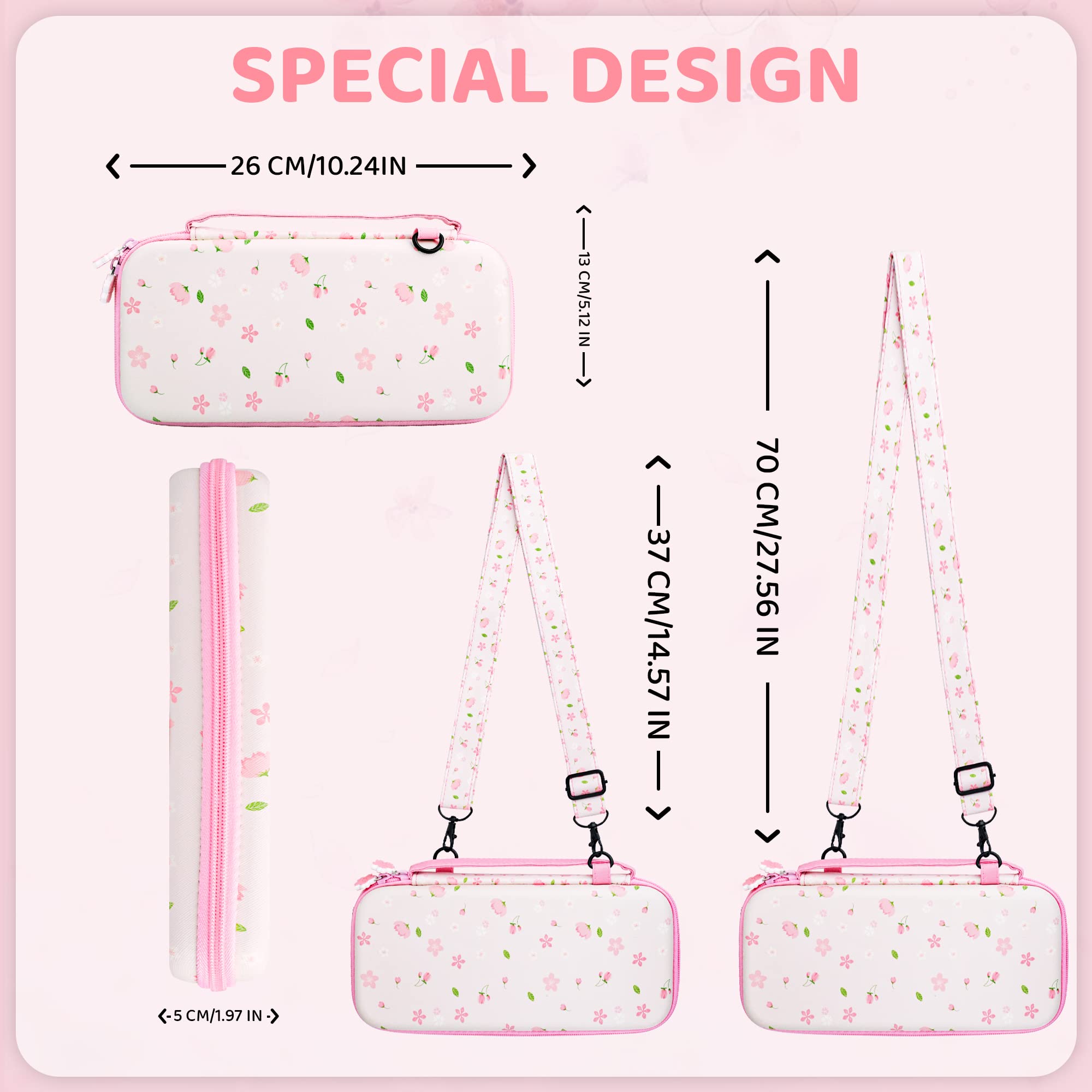 FANPL Cute Carrying Case Bundle for Nintendo Switch Case, Pink Switch Case Accessories Kit with Flower Hard Travel Case, Glitter Sakura PC Cover, Adjustable Strap, Screen Protector, Thumb Grip Caps