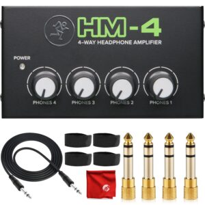 mackie hm-4 4-way headphone amplifier bundle with mophead 10-foot trs cable, 4x 1/4" to 3.5mm adapter, 4x cable ties and microfiber cloth