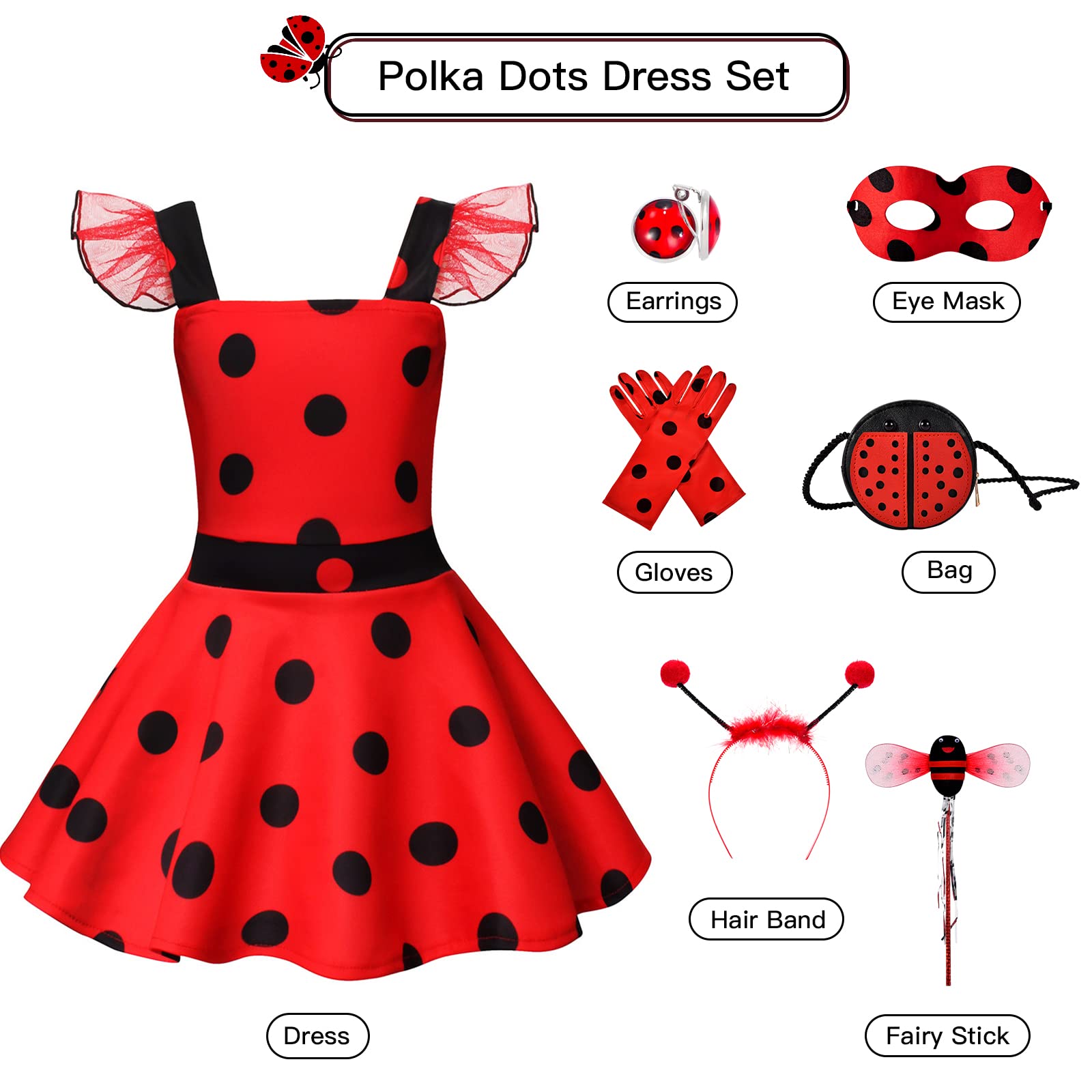 Ladybug Dress Costume for Girls with Polka Dots Tutu Dress Halloween Birthday Dress Up Pretend Play for Kids 3-8 (7-8)