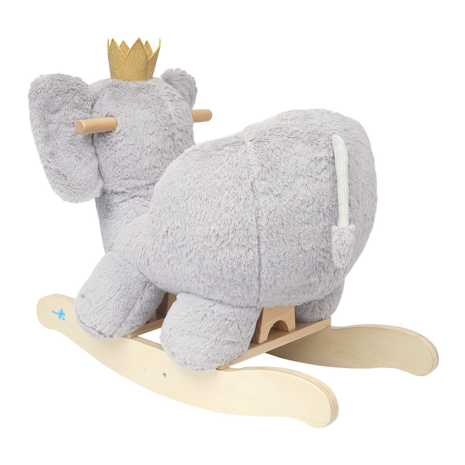 Manhattan Toy Plush Elephant Wooden Rocking Toy with Crown, Adjustable Seat Belt and Wooden Hand Grips Large