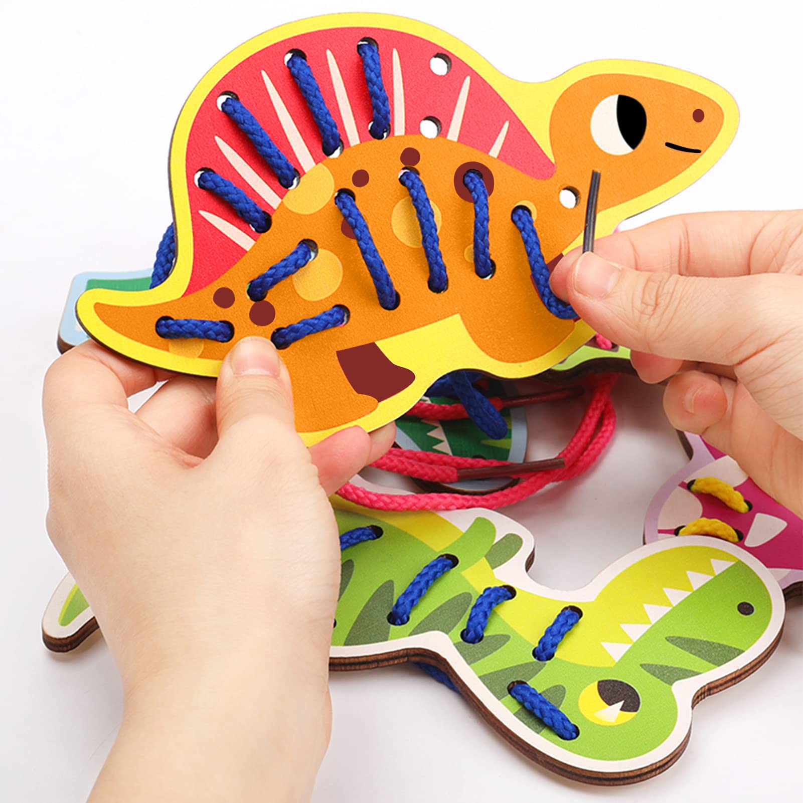 Atoylink 5 Pack Dinosaur Lacing Cards Wooden Threading Lacing Toy for Toddlers Travel Toys Preschool Games Fine Motor Skills Educational Toys for 3+ Year Old Kids Gifts