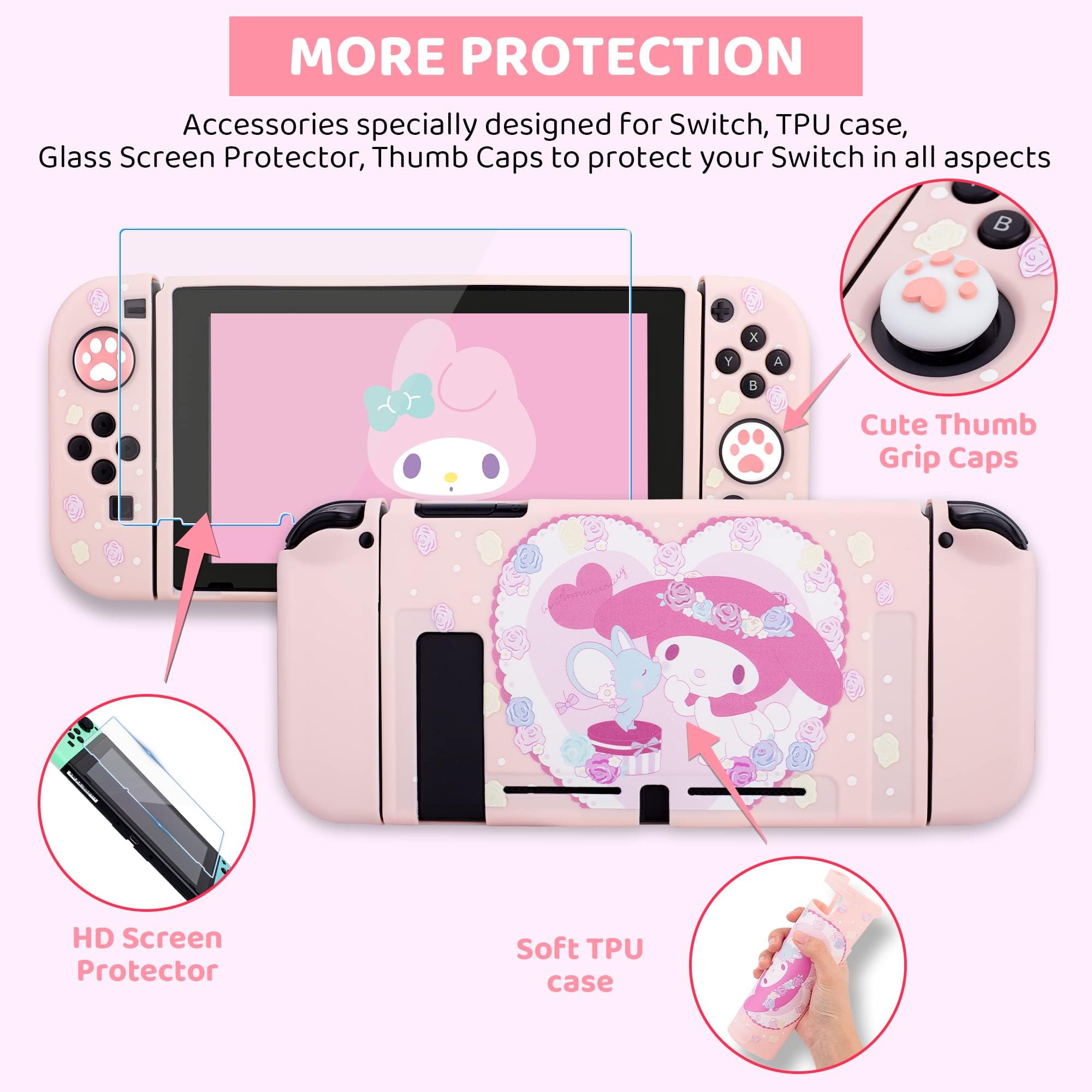 GLDRAM Pink Carrying Case for Nintendo Switch, Cute Anime Accessories Bundle for Cute Girl with Switch Travel Storage, Soft TPU Cover Shell, Screen Protector, Thumb Caps, Shoulder Strap for Girls