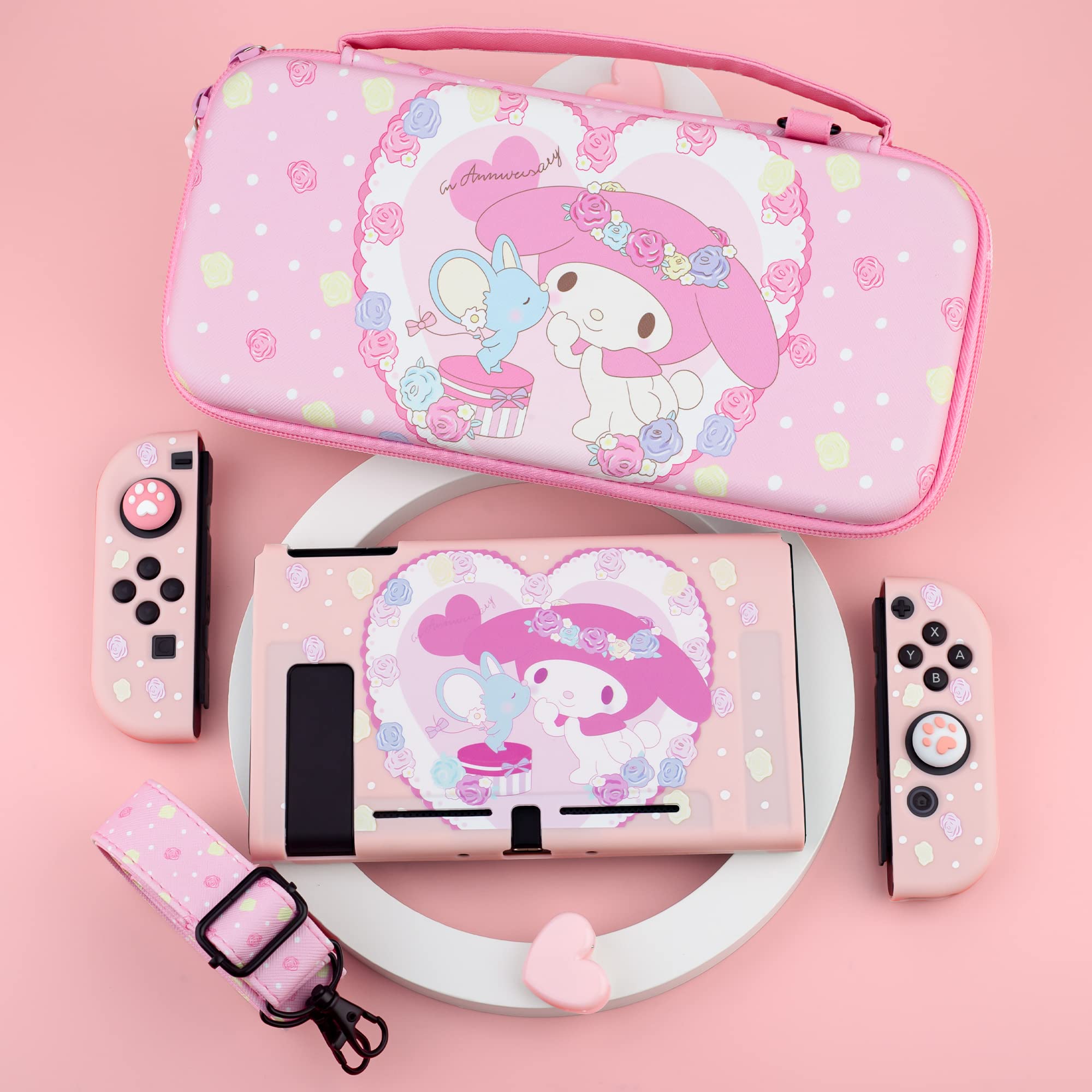 FUNDIARY Pink Bunny Theme Carrying Case for Nintendo Switch, Cute Storage Bag Accessories Bundle for Switch with TPU Protective Cover, Screen Protector, Adjustable Shoulder Strap and 2 Thumb Grips