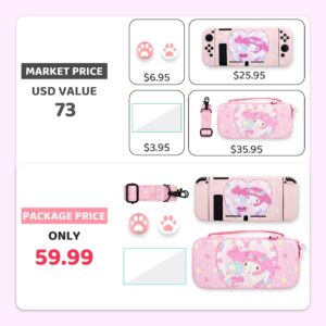 GLDRAM Pink Carrying Case for Nintendo Switch, Cute Anime Accessories Bundle for Cute Girl with Switch Travel Storage, Soft TPU Cover Shell, Screen Protector, Thumb Caps, Shoulder Strap for Girls