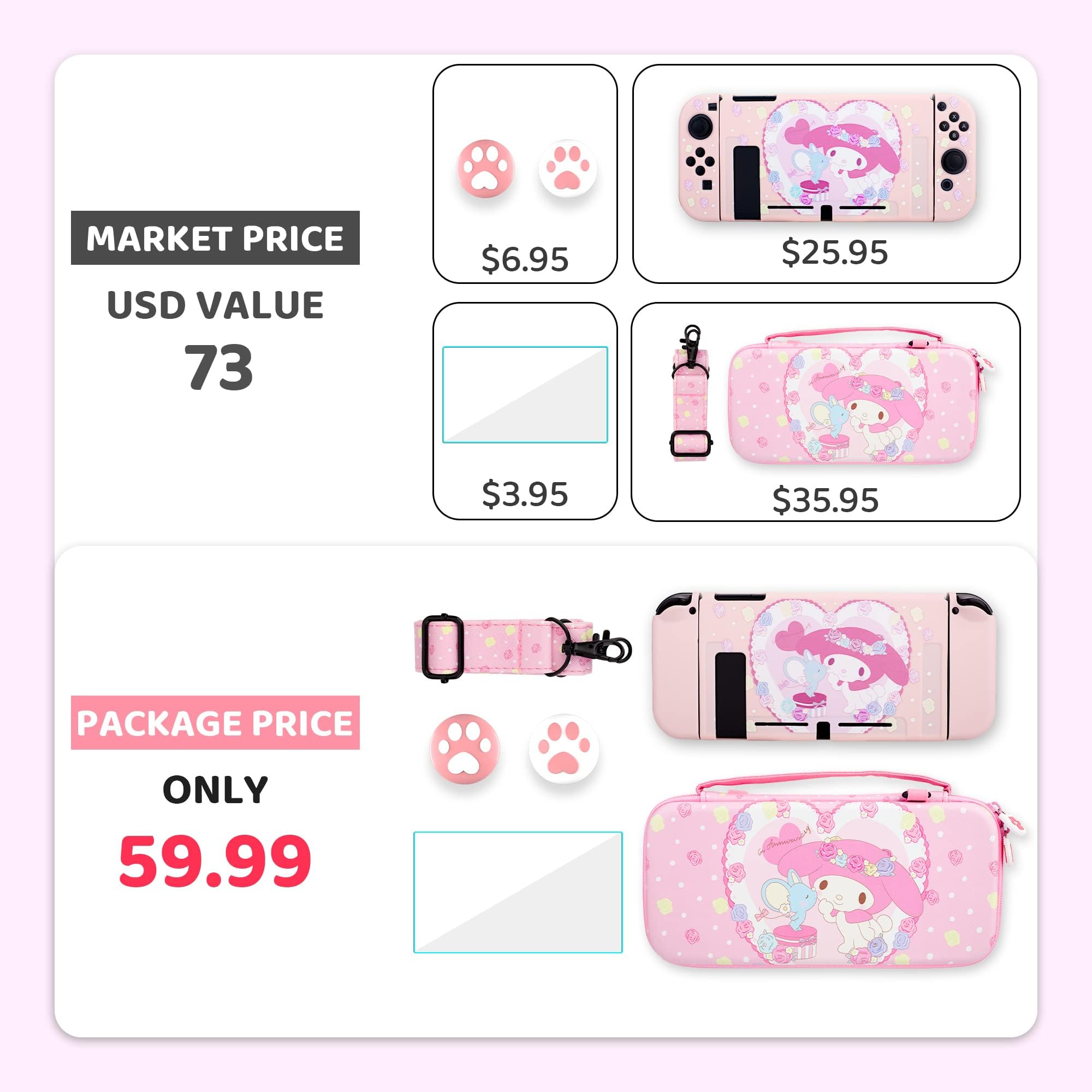 GLDRAM Pink Carrying Case for Nintendo Switch, Cute Anime Accessories Bundle for Cute Girl with Switch Travel Storage, Soft TPU Cover Shell, Screen Protector, Thumb Caps, Shoulder Strap for Girls