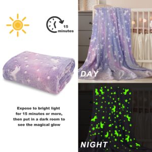 Cozwiv Glow in The Dark Blanket for 1-10 Year Old Girl Birthday Gifts Ideas Cool Purple Unicorns Gifts for Age 1 2 3 4 5 6 7 8 9 10 Year Old Girls Surprise Toys for Girls Kids Toddler Blanket 50”X60”