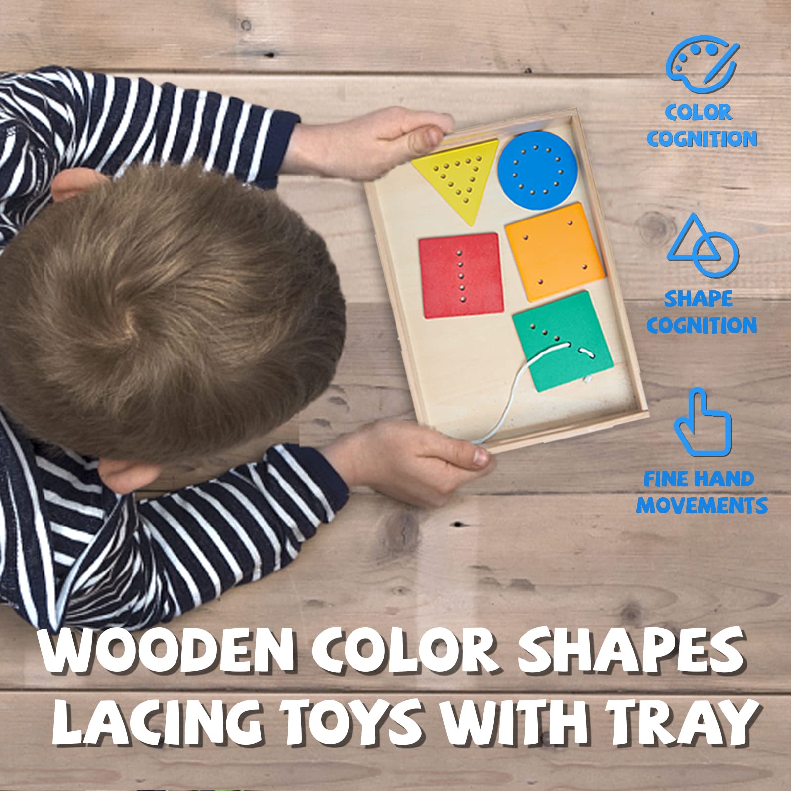 Wooden Toddler Beads and String Lacing Toy Set with Tray - Educational Threading Game for Fine Motor Skills Development - Lacing Cards for Toddlers 1-3,Montessori Toys for 2 3 4 Year Olds(5 Shapes)