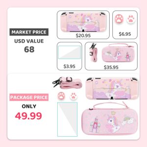 GLDRAM Carrying Case Compatible with Nintendo Switch OLED Cover, Pink Unicorn Case Bundle with Travel Case, Hard PC Shell, Screen Protector, Thumb Caps, Shoulder Strap, Cute Accessories Kit for Girls