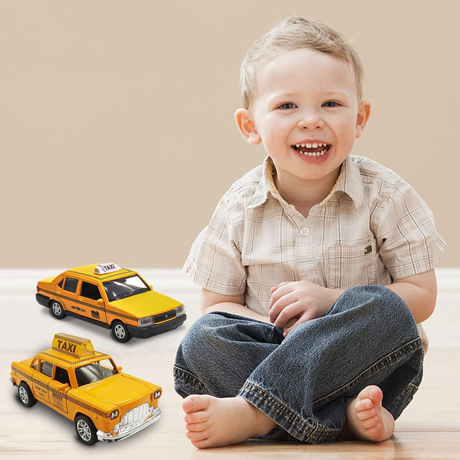 OTONOPI New York City Taxi Cab Toy Taxi Car Toy for Kids Yellow Cab Diecast Model Toy Car with Pullback Action for Toddler Age 3+ Pack of 2