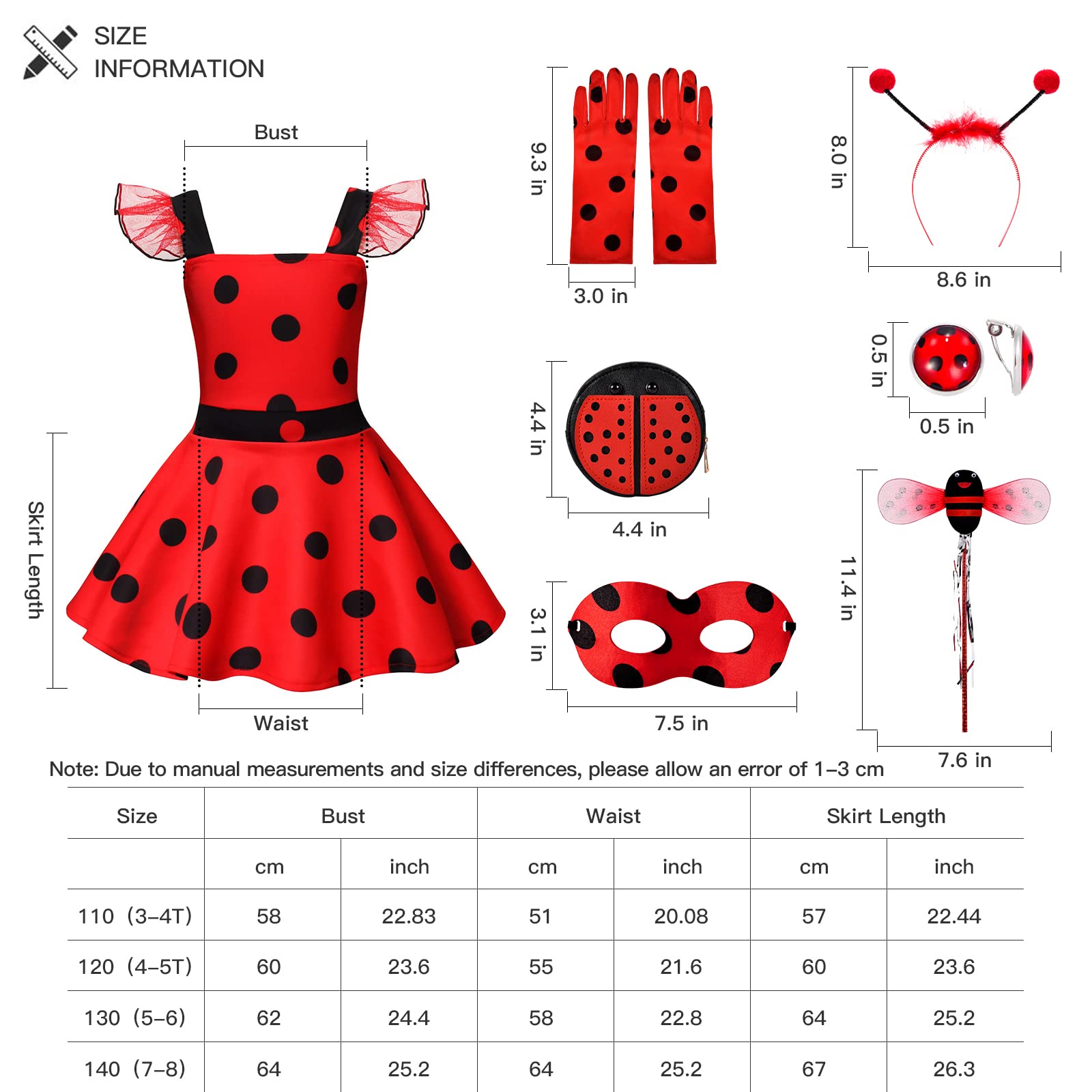 Ladybug Dress Costume for Girls with Polka Dots Tutu Dress Halloween Birthday Dress Up Pretend Play for Kids 3-8 (7-8)