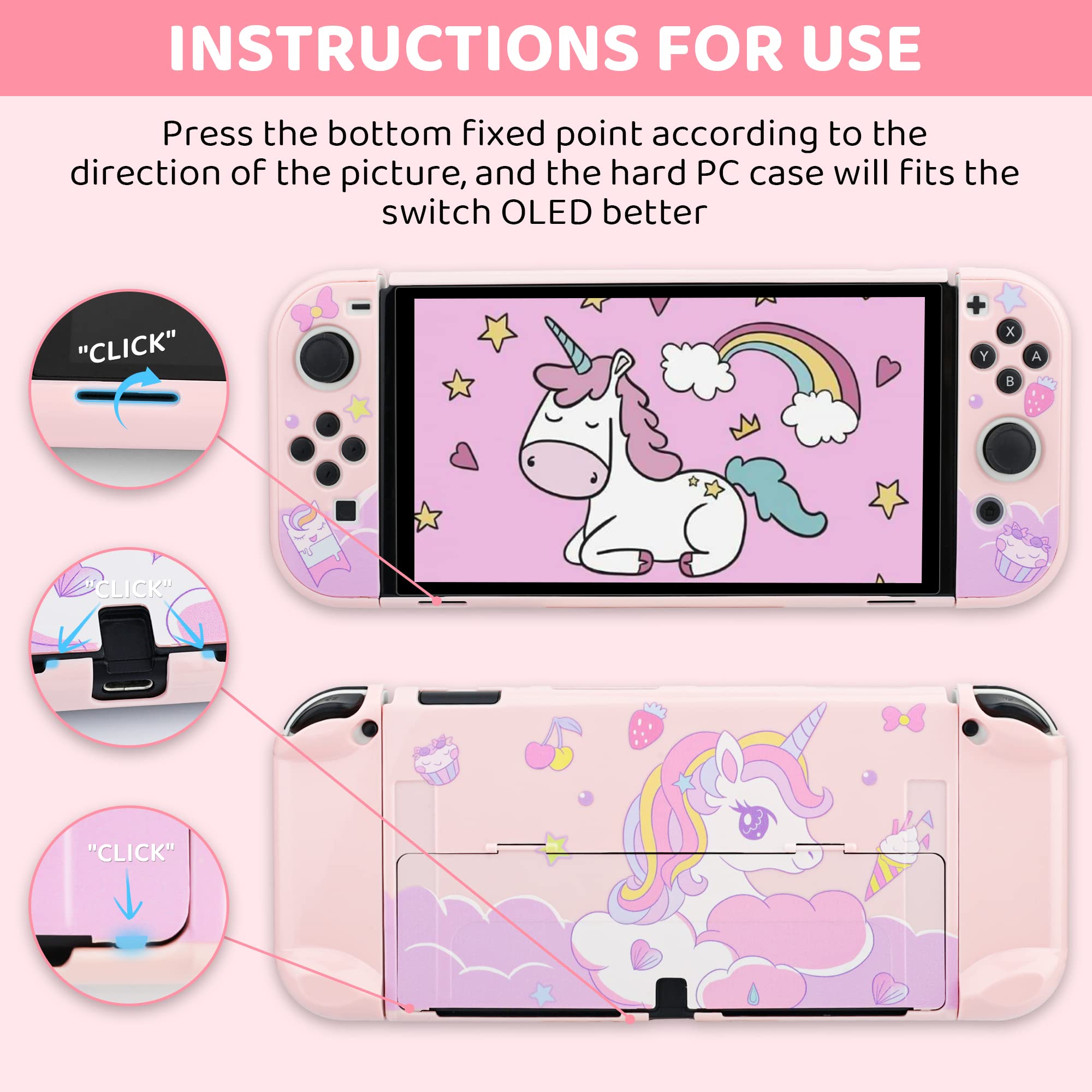 GLDRAM Carrying Case Compatible with Nintendo Switch OLED Cover, Pink Unicorn Case Bundle with Travel Case, Hard PC Shell, Screen Protector, Thumb Caps, Shoulder Strap, Cute Accessories Kit for Girls