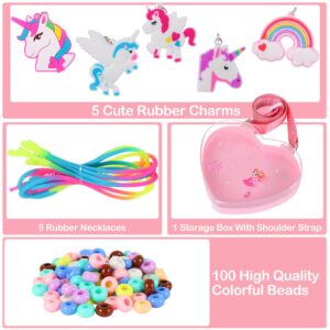 FLYINGSEEDS Unicorn Jewelry Making Kit, 5 Rubber Necklaces and Charms with 100 Big Holes Beads Toy Set, Beading Arts and Crafts, Ideal Gifts for Girls Preschoolers Toddlers Kids Age 3 4 5 6 7 8 9 10