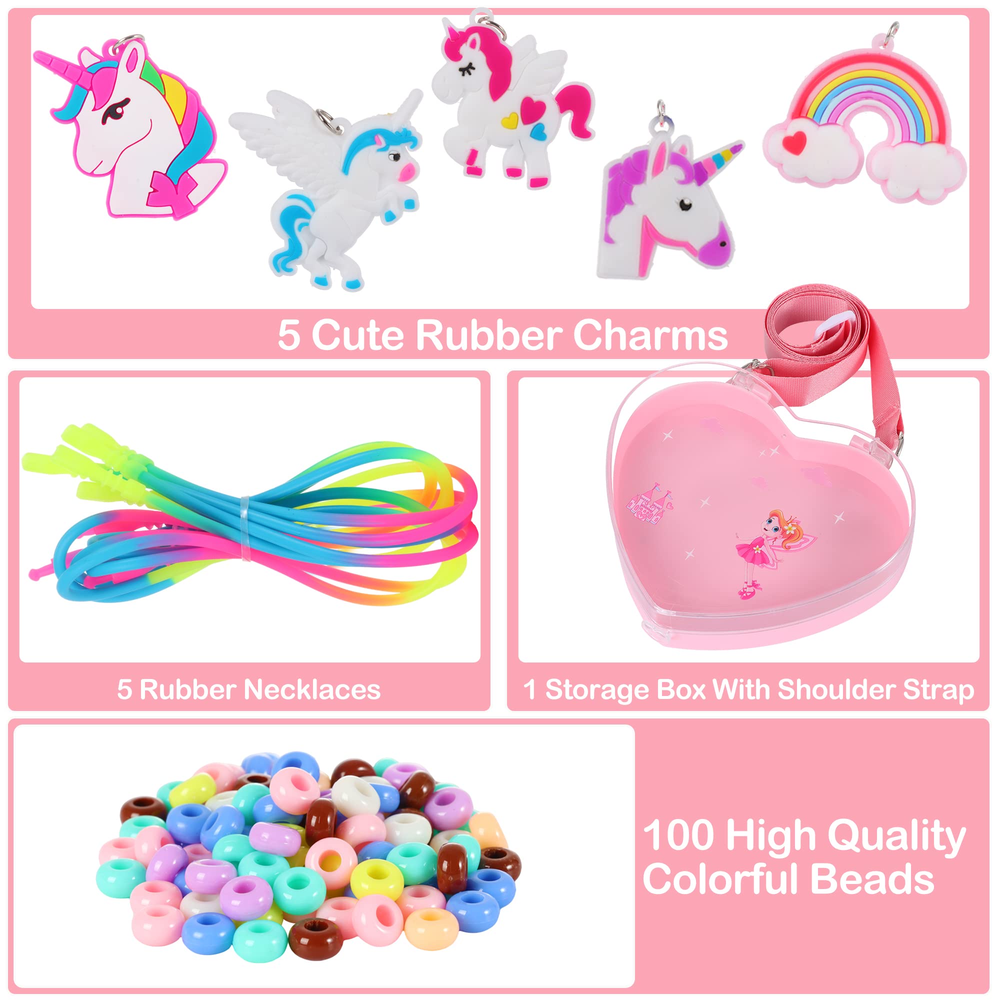 FLYINGSEEDS Unicorn Jewelry Making Kit, 5 Rubber Necklaces and Charms with 100 Big Holes Beads Toy Set, Beading Arts and Crafts, Ideal Gifts for Girls Preschoolers Toddlers Kids Age 3 4 5 6 7 8 9 10