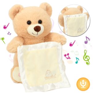 hopearl peek a boo bear with security blanket interactive repeats what you say plush teddy bear toy musical singing talking stuffed animal adorable electric animate birthday festival, beige, 11''