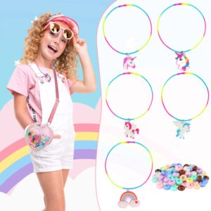 FLYINGSEEDS Unicorn Jewelry Making Kit, 5 Rubber Necklaces and Charms with 100 Big Holes Beads Toy Set, Beading Arts and Crafts, Ideal Gifts for Girls Preschoolers Toddlers Kids Age 3 4 5 6 7 8 9 10