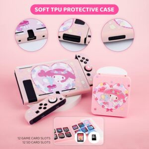 RHOTALL Cute Bunny Carrying Case for Nintendo Switch, Pink Potable Travel Case Accessories Bundle for Switch with Protective Shell, Shoulder Strap, Game Card Case, Screen Protector and 2 Thumb Caps